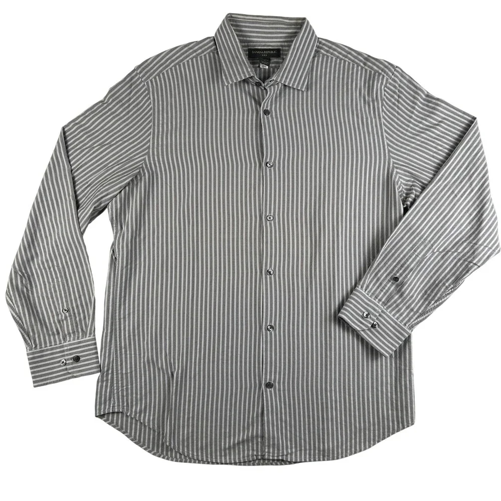 Banana Republic Dress Shirt Mens 17-17.5 XL Gray Stripe 100% Cotton Long Sleeve